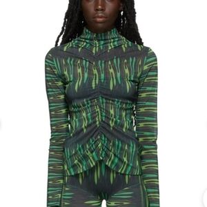 Avavav Long Sleeve Sheer Green Shirt Turtle Neck Geometric Print Womens xs